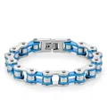 Detail of silver and blue stainless steel bicycle chain bracelet with fold-over clasp - 10mm Wide * 21.5cm Long / Blue Silver