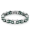 Detailed macro of stainless steel bicycle link bracelet with green accents and engraved clasp - 10mm Wide * 21.5cm Long / Green and Silver