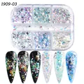 Detail view of 6-grid nail art glitter set showing star and round sequins in high-res macro - Mixed Color Laser Stickers (03)