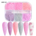 Detailoverzicht van 6-vaks nagelglitterset met roze suikercoating en hartvormige pailletten - Roze Paars Hart Thema Stijl (1909-10)