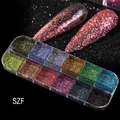12-color nail glitter set with solid laser shimmer on long pointed artificial nails - High-Gloss Fine Starlight Powder (SZF)