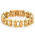Polished gold stainless steel men's bracelet with a rugged bike chain link design - 1.6cm Wide * 22cm Long / Gold