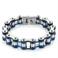 Men's silver bicycle chain bracelet with blue plating and stainless steel folding clasp - 10mm Wide * 21.5cm Long / Black And Blue