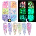 6-Gitter Set leuchtender Nagelglitzer mit fluoreszierenden Pailletten in Neonfarben - Holografisches Großes Flocken-Set (1909-20)