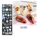Halloween nail stamping plate SU-H02 featuring pumpkins, skulls, and ghost motifs - Halloween Small Long Plate SU-H02