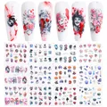 Halloween nail art decals featuring skull, clown, and bloody rose motifs in black and red - Halloween Horror Gothic Series (BN1849-1860)