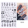 F810 Black floral nail art stickers with retro daisy patterns on manicured hands - Black White Vintage Floral Style(F810)