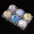 Detailed view of six jars of aurora opal nail powder with iridescent glitter flakes - 6 Colors Set (XR-A)