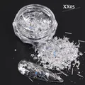 Holographic silver nail glitter with laser stars and irregular flakes in a round jar - Silver Laser Star Strip Sequins (XXN-05)