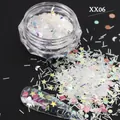Macro shot of iridescent white star and moon nail sequins in a clear textured jar - Aurora Holographic Star Moon Mixed Sequins (XXN-06)