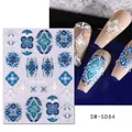 Detailed 5D embossed nail stickers featuring blue mandala and white lace flower patterns - Blue Mandala Style (SW-5D84)