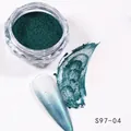 Dark green chrome nail powder in clear jar with gradient effect swatch and manicure tip - Deep Green Metallic (S97-04)
