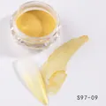 Macro view of metallic gold chrome nail powder with diamond-cut jar and swatches - Bright Gold Metallic (S97-09)