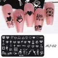 Detail of MJ-02 nail stamping plate with heart patterns and pink sample false nails - Heart Flame Letter Style (MJ-02)