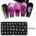Macro detail of MJ-03 nail stamping plate with Gothic cross and star pattern motifs - Gothic Cross Moon Star Style (MJ-03)