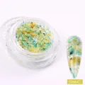 Vue macro de fleurs séchées mixtes pour nail art en bleu et jaune avec ongle témoin - Fleurs Séchées en Bouteille (S166-C)