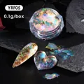 Macro shot of iridescent Aurora nail powder on heart-shaped charms and acrylic tips - Iridescent Aurora Style (YRF-05)