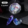 Macro shot of iridescent aurora nail powder YRF07 with holographic shimmer on a long nail tip - Iridescent Aurora Style (YRF-07)