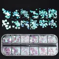 12er Set holografische Nagelglitzer Pailletten mit Sternen und Herzformen im Etui - Aurora Schmetterling Stern Herz Stil (F-HW-3)