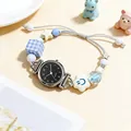 Blue quartz bracelet watch for women featuring cute star charms and beads for daily style - Silver Black Dial (Arabic Numerals)
