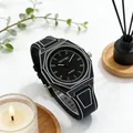 Artistic quartz watch with geometric white lines on black silicone strap and octagonal dial - Black