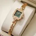 Retro square ladies watch with emerald green dial and gold link bracelet strap - Gold Green