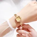 Close-up of gold square quartz watch with diamond bezel and chain strap on wrist - All Gold