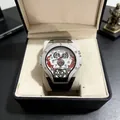 Men's tonneau quartz watch with red dragon dial, silver case and black silicone strap - Double Dragon Skeleton Style / White