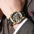 Men's business quartz chronograph watch with gold metal case and black silicone strap - Gold