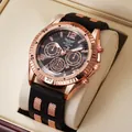 Heren sportief horloge met roségouden kast, zwarte siliconen band en chronograaf wijzerplaat - Roségoud
