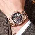 Rose gold business chronograph watch with black dial and steel strap on a male wrist - Rose Gold