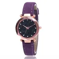 Elegant women's quartz watch with purple leather strap and starry sky rhinestone dial - Purple