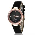Montre à quartz minimaliste avec boîtier or rose, index diamant et bracelet en cuir - Noir
