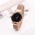 Montre élégante en maille or rose avec cadran ciel étoilé noir et chiffres romains - Or rose