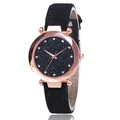 Women's quartz watch with starry sky dial, rose gold case and black suede strap - Black