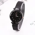 Elegant women's black starry sky watch with mesh magnetic band and Roman numerals - Black