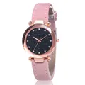 Women's quartz watch with pink leather strap, starry sky dial, and rose gold case - Pink
