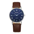 Classic quartz watch with deep blue Roman dial and brown textured leather strap - Black Dial Brown Strap