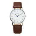 Classic quartz watch with brown leather strap, silver case and blue roman numeral hands - White Dial Brown Strap