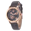 Montre à quartz pour femme en or rose avec cadran étoilé noir et motifs papillons sur cuir gris - Gris
