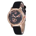 Minimalist women's starry sky quartz watch with rose gold butterflies and black strap - Black