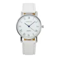 Minimalist quartz watch with white dial, Roman numerals, and white leather strap - White Dial White Strap