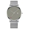Minimalist silver men's watch with mesh band and calendar display on grey dial - Silver Case Gray Dial Silver Mesh