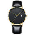 Close-up of black sunray dial, gold case, and date window on men's leather watch - Gold Case Black Dial Black Leather Strap