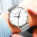 Men's minimalist business quartz watch with silver mesh strap and white dial - Silver Case Black Needle Silver Strap