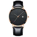 Close-up of black dial quartz watch with rose gold case and date display at 8 - Rose Gold Case Black Dial Black Leather