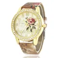 Golden quartz watch with rhinestone bezel, rose dial, and vintage letter print leather strap - Brown