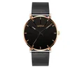 Detail of Geneva black dial watch with rose gold case and Milanese mesh steel strap - Rose Gold Case Orange Needle Black Strap