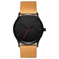 Minimalist big dial watch with black face, brown suede strap, and red second hand - Black Dial Brown Strap