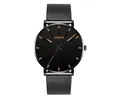 Detail of Geneva black mesh watch showing matte dial and rose gold markers - Black Case Orange Needle Black Strap